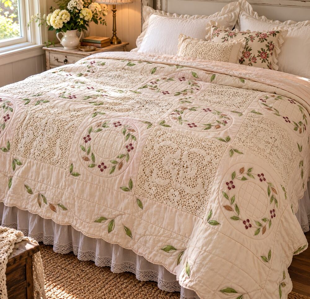 Queen Cotton Quilt 82x82 Embroidered Floral Crochet Lace Cottagecore Shabby Chic